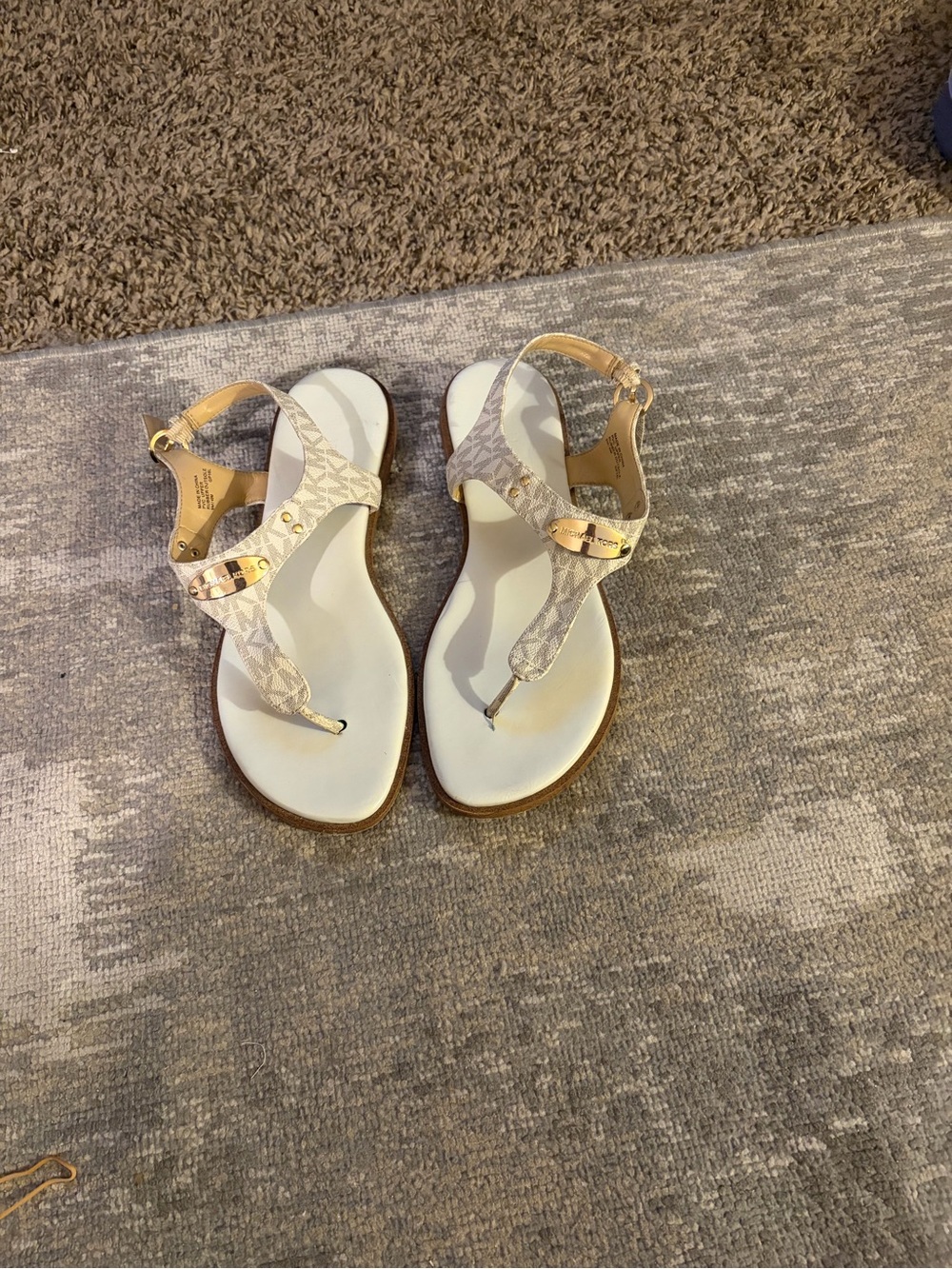 Michael Kors White and Gold Logo T-Strap Sandals